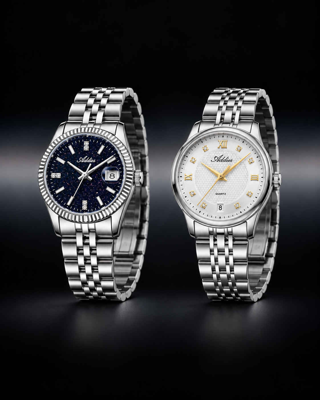 Relógios femininos Addies AW25912 e AW25913 com pulseiras em aço sobre fundo preto